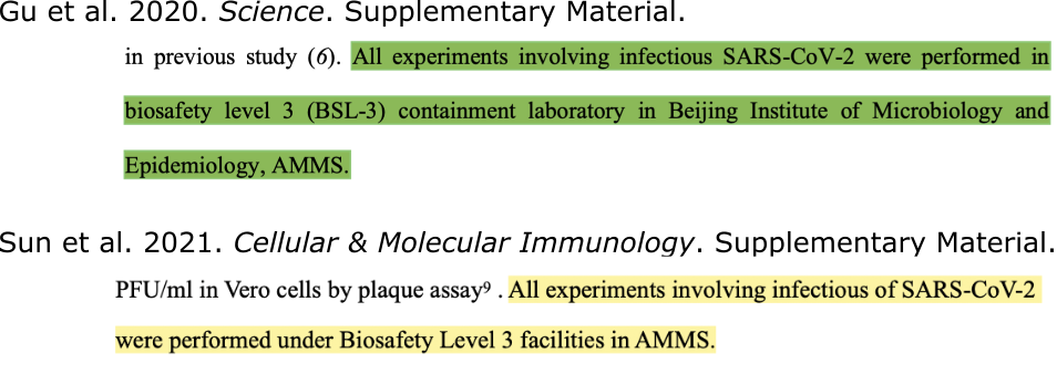 Excerpts from two scientific papers saying that the work with infectious SARS-CoV-2 was conducted in Biosafety Level 3 facilities at AMMS in Beijing.