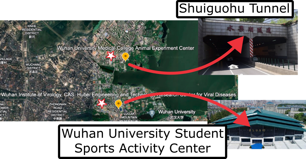 In this annotated version of Kadlec’s map of Wuhan ABSL3 facilities, I’ve added stars showing where the intended locations are and pictures of the tunnel entrance and rec center pinpointed in Kadlec’s map.