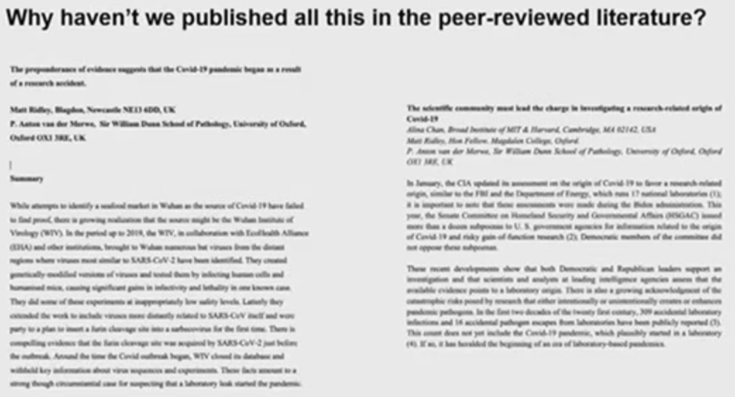 In a slide from his March 20 lecture, Ridley showed two papers that he said were being unfairly blocked from publication by peer reviewers.