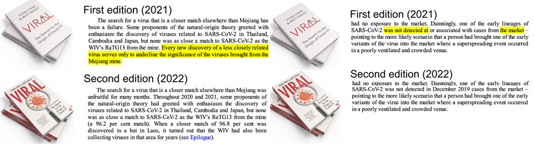 Two examples of text from the book Viral in its hardcover and edited, paperback editions.