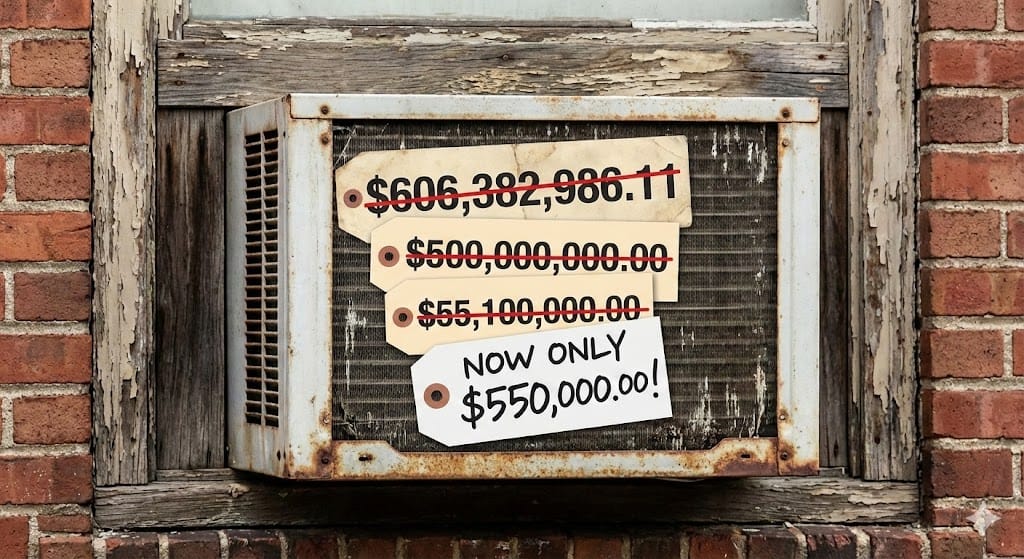 Image of air conditioner with price tags marked down from $606M to $500M to $55.1M to $0.55M